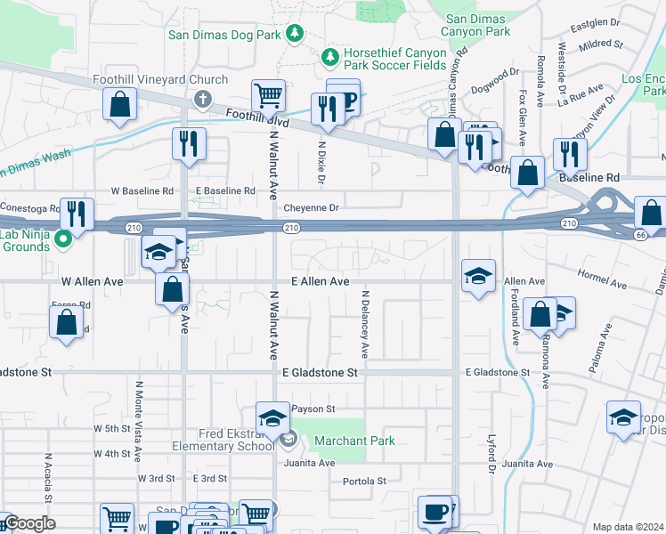 map of restaurants, bars, coffee shops, grocery stores, and more near 919 Auburn Road in San Dimas