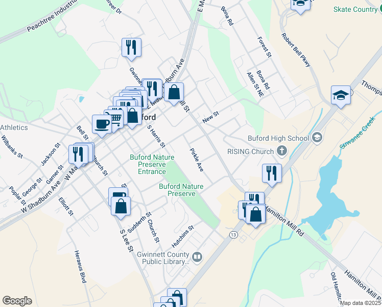 map of restaurants, bars, coffee shops, grocery stores, and more near 401 Pirkle Avenue in Buford