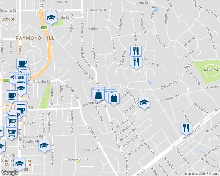 map of restaurants, bars, coffee shops, grocery stores, and more near 1825 South El Molino Avenue in San Marino