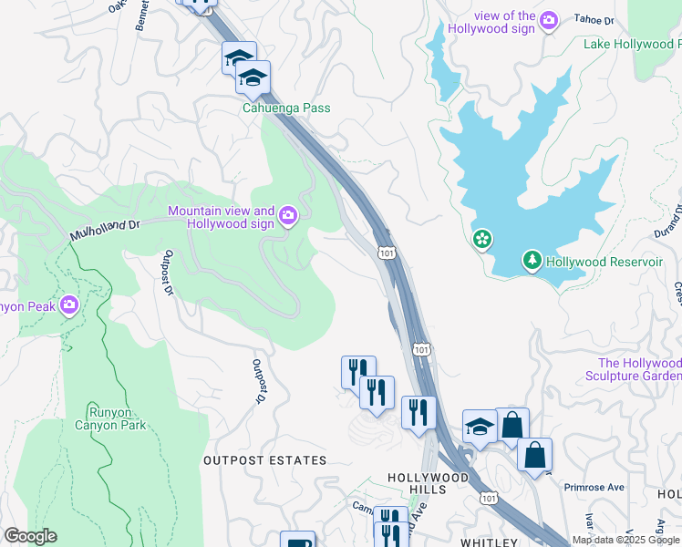 map of restaurants, bars, coffee shops, grocery stores, and more near 6752 Hillpark Drive in Los Angeles