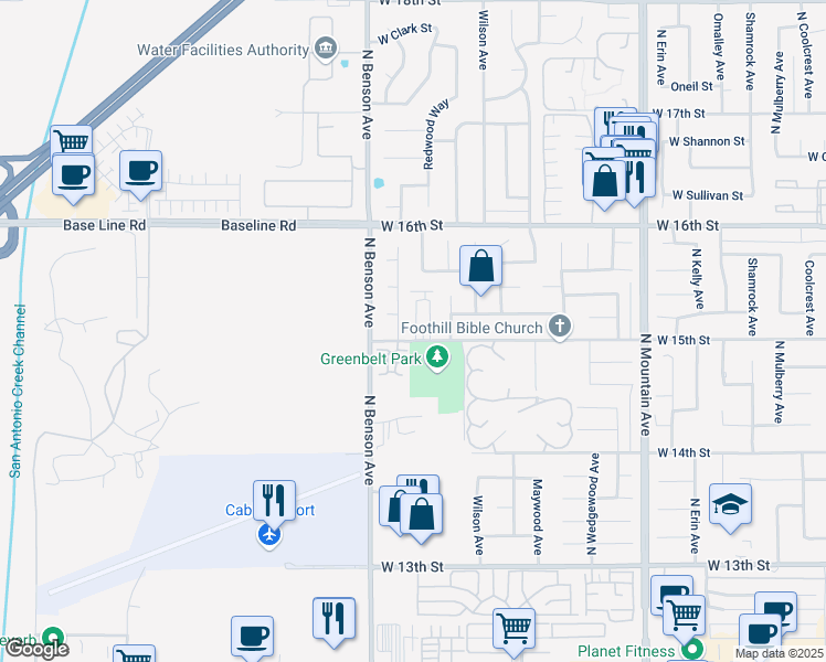 map of restaurants, bars, coffee shops, grocery stores, and more near 1509 Granada Road in Upland