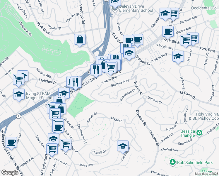 map of restaurants, bars, coffee shops, grocery stores, and more near 3916 Scandia Way in Los Angeles
