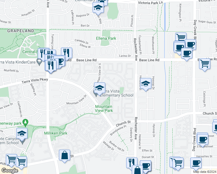 map of restaurants, bars, coffee shops, grocery stores, and more near 11713 Parliament Drive in Rancho Cucamonga