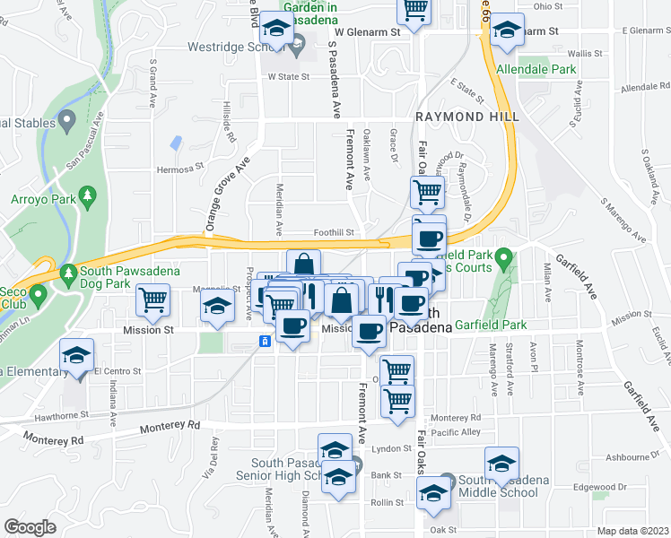 map of restaurants, bars, coffee shops, grocery stores, and more near 704 Fairview Avenue in South Pasadena