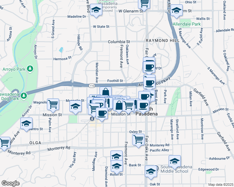 map of restaurants, bars, coffee shops, grocery stores, and more near 1118 Magnolia Street in South Pasadena