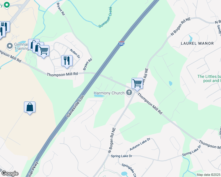 map of restaurants, bars, coffee shops, grocery stores, and more near 2910 Blake Towers Lane in Buford