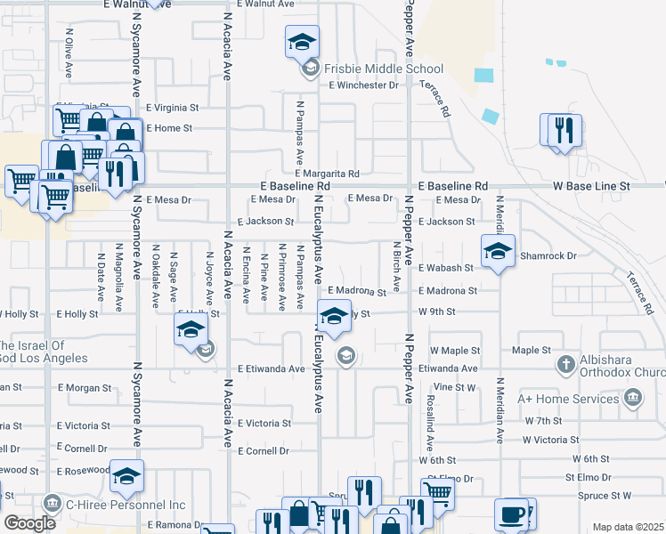 map of restaurants, bars, coffee shops, grocery stores, and more near 1044 North Mulberry Avenue in Rialto