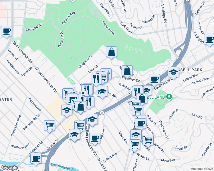 map of restaurants, bars, coffee shops, grocery stores, and more near 3350 Fletcher Drive in Los Angeles