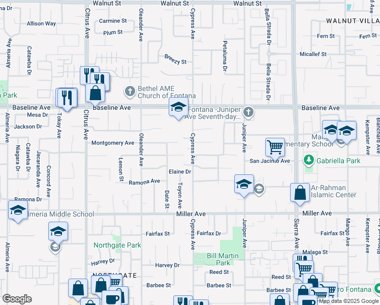 map of restaurants, bars, coffee shops, grocery stores, and more near 7460 Cypress Avenue in Fontana