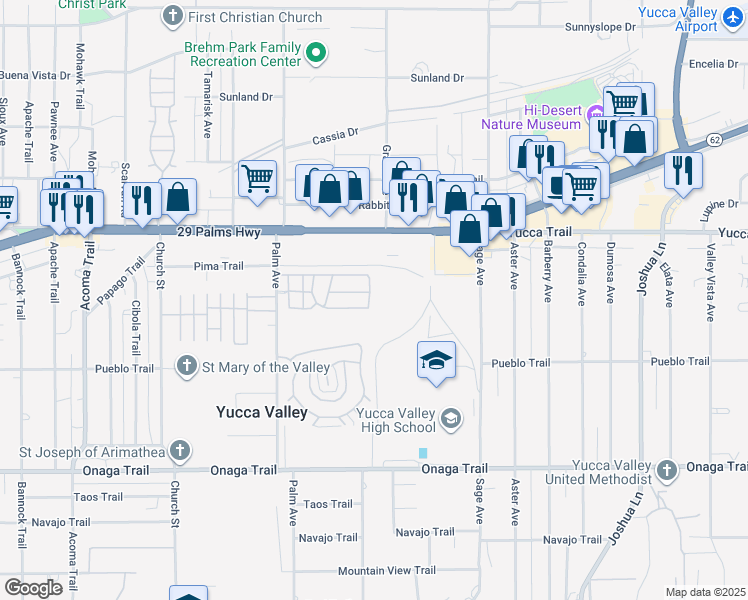 map of restaurants, bars, coffee shops, grocery stores, and more near 7432 Desert Sky Drive in Yucca Valley