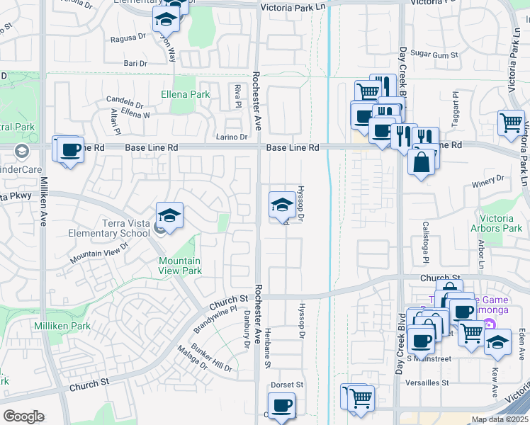 map of restaurants, bars, coffee shops, grocery stores, and more near 7474 Henbane Street in Rancho Cucamonga