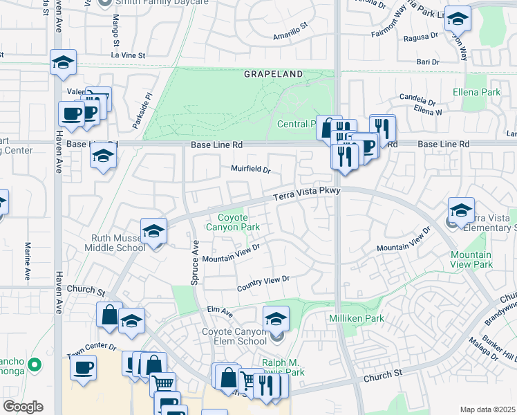 map of restaurants, bars, coffee shops, grocery stores, and more near 11090 Mountain View Drive in Rancho Cucamonga