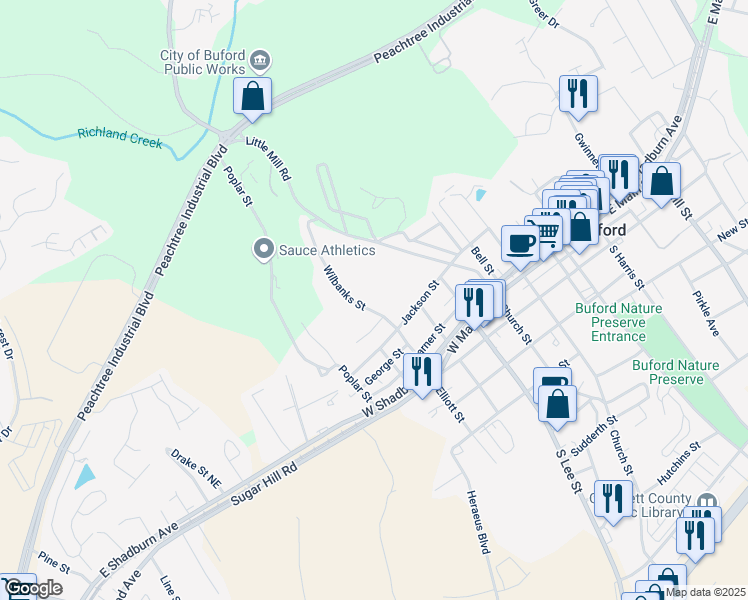 map of restaurants, bars, coffee shops, grocery stores, and more near 150 Wilbanks Street in Buford