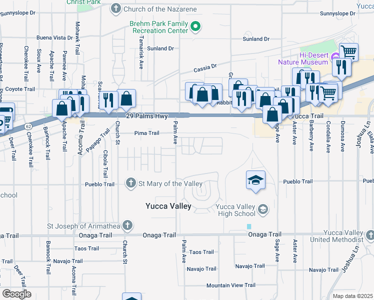 map of restaurants, bars, coffee shops, grocery stores, and more near 7447 Village Way in Yucca Valley