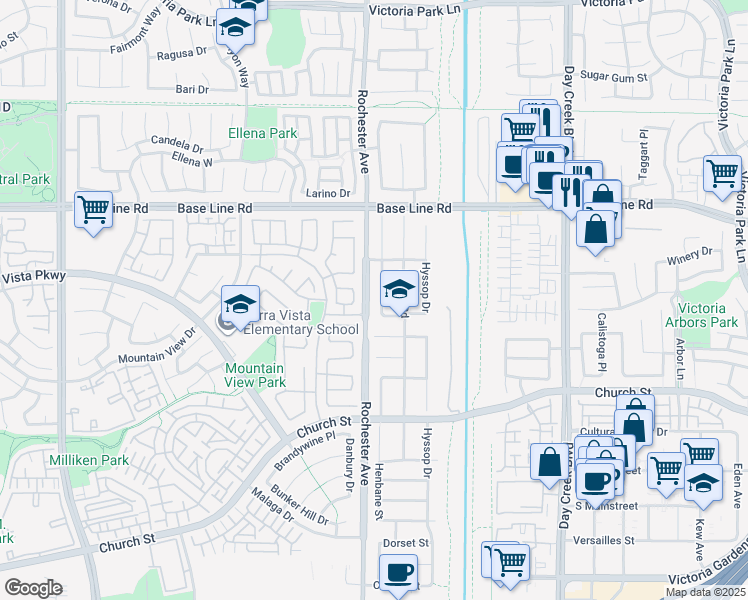map of restaurants, bars, coffee shops, grocery stores, and more near 7474 Henbane Street in Rancho Cucamonga