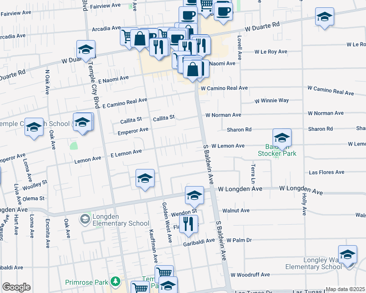 map of restaurants, bars, coffee shops, grocery stores, and more near 1822 Rowland Avenue in Arcadia