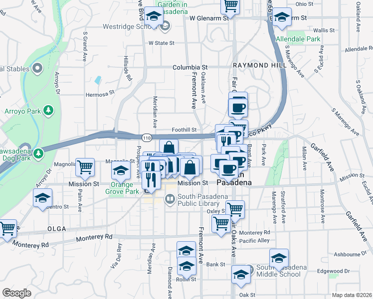 map of restaurants, bars, coffee shops, grocery stores, and more near 1118 Magnolia Street in South Pasadena