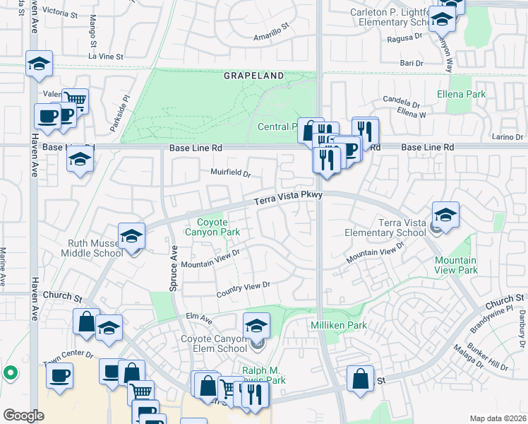 map of restaurants, bars, coffee shops, grocery stores, and more near 11159 Saint Tropez Drive in Rancho Cucamonga