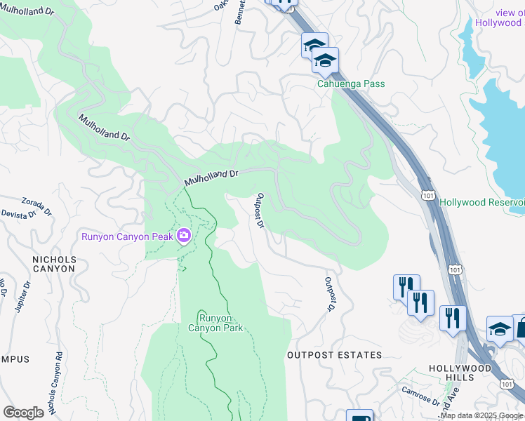 map of restaurants, bars, coffee shops, grocery stores, and more near 2720 Outpost Drive in Los Angeles