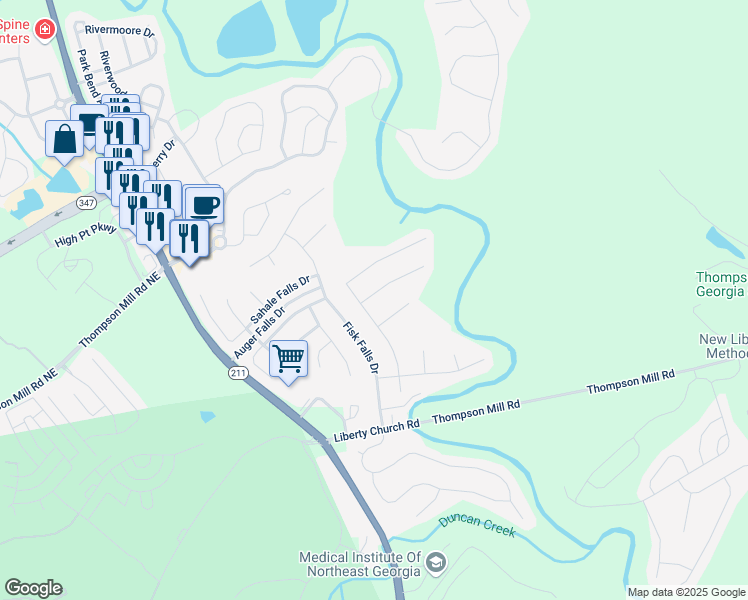 map of restaurants, bars, coffee shops, grocery stores, and more near 1903 Henderson Falls Way in Braselton