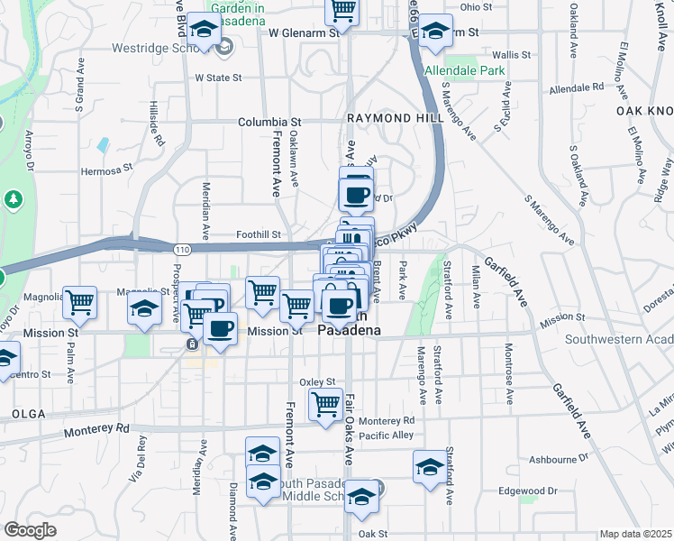 map of restaurants, bars, coffee shops, grocery stores, and more near 711 Fair Oaks Avenue in South Pasadena