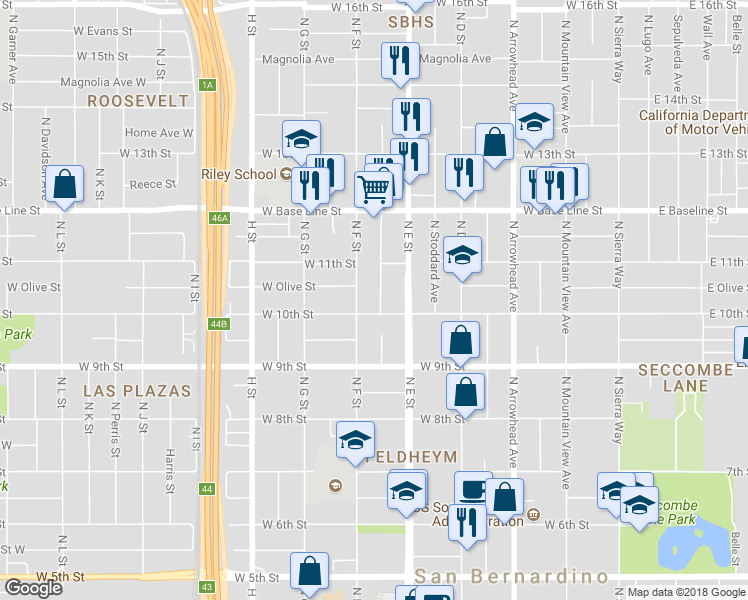 map of restaurants, bars, coffee shops, grocery stores, and more near 1032 Acacia Avenue in San Bernardino
