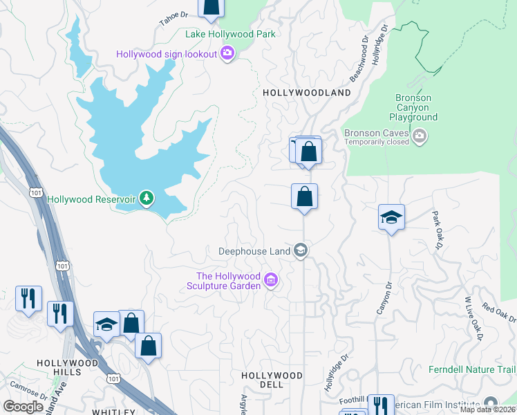 map of restaurants, bars, coffee shops, grocery stores, and more near 2716 Creston Drive in Los Angeles
