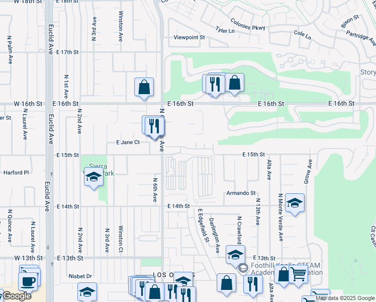 map of restaurants, bars, coffee shops, grocery stores, and more near 920 Sawtooth Drive in Upland