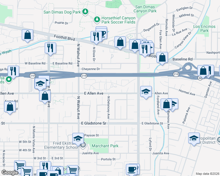 map of restaurants, bars, coffee shops, grocery stores, and more near 846 North Delancey Avenue in San Dimas