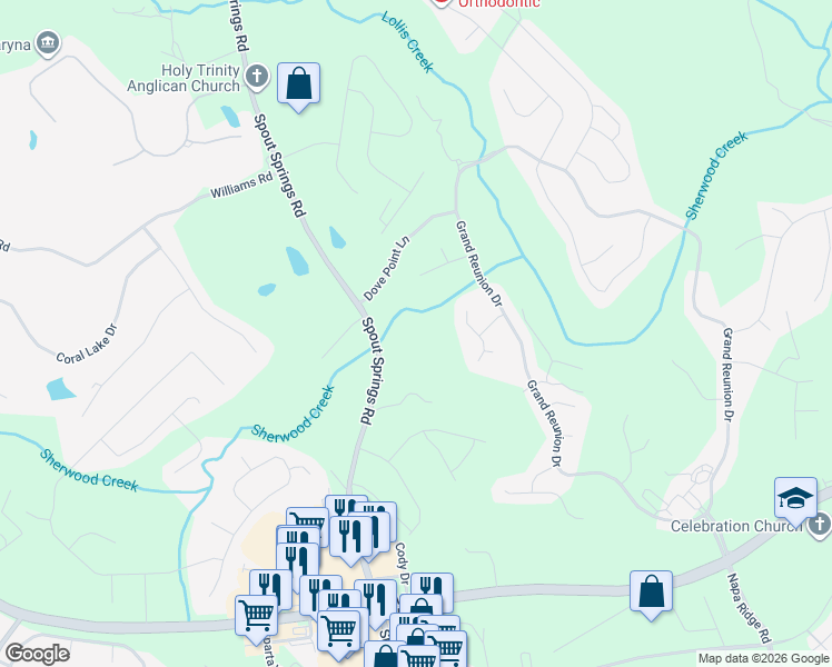 map of restaurants, bars, coffee shops, grocery stores, and more near 7249 Spout Springs Road in Flowery Branch