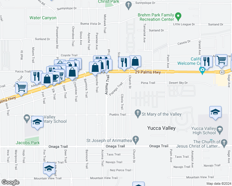 map of restaurants, bars, coffee shops, grocery stores, and more near 7430 Borrego Trail in Yucca Valley