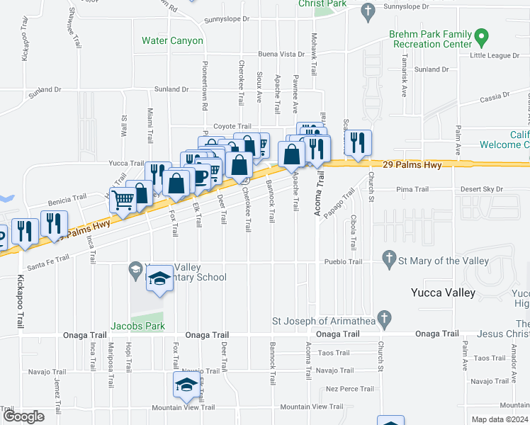 map of restaurants, bars, coffee shops, grocery stores, and more near 7419 Cherokee Trail in Yucca Valley
