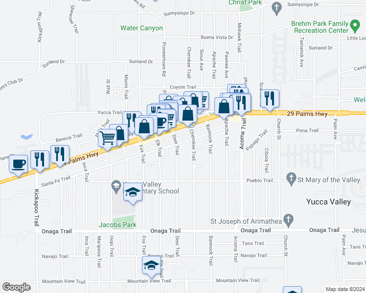 map of restaurants, bars, coffee shops, grocery stores, and more near 7425 Deer Trail in Yucca Valley