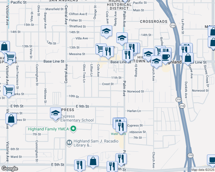 map of restaurants, bars, coffee shops, grocery stores, and more near 27175 Norwood Street in Highland