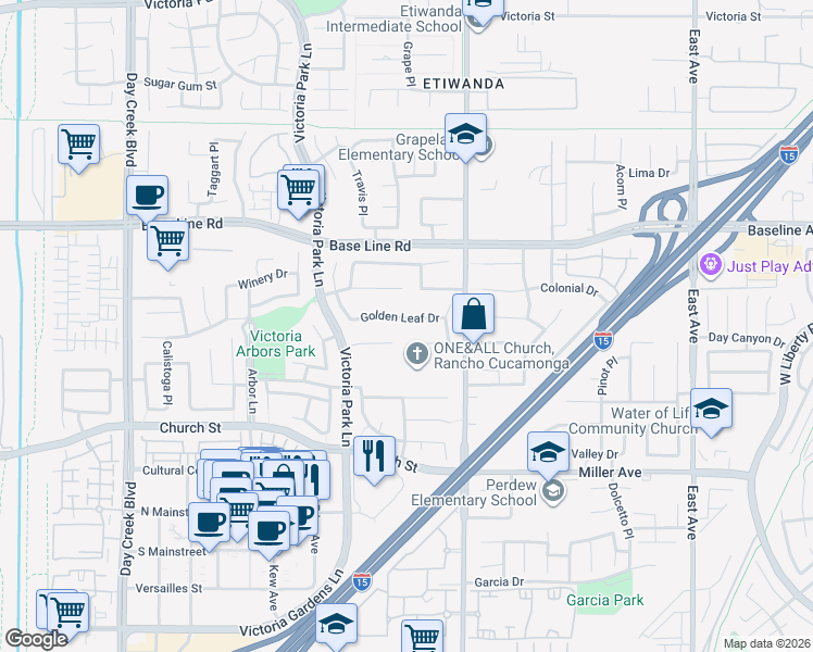 map of restaurants, bars, coffee shops, grocery stores, and more near 12771 Wine Cellar Court in Rancho Cucamonga