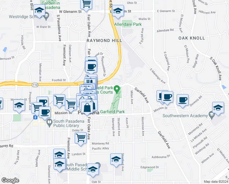 map of restaurants, bars, coffee shops, grocery stores, and more near 805 Stratford Avenue in South Pasadena