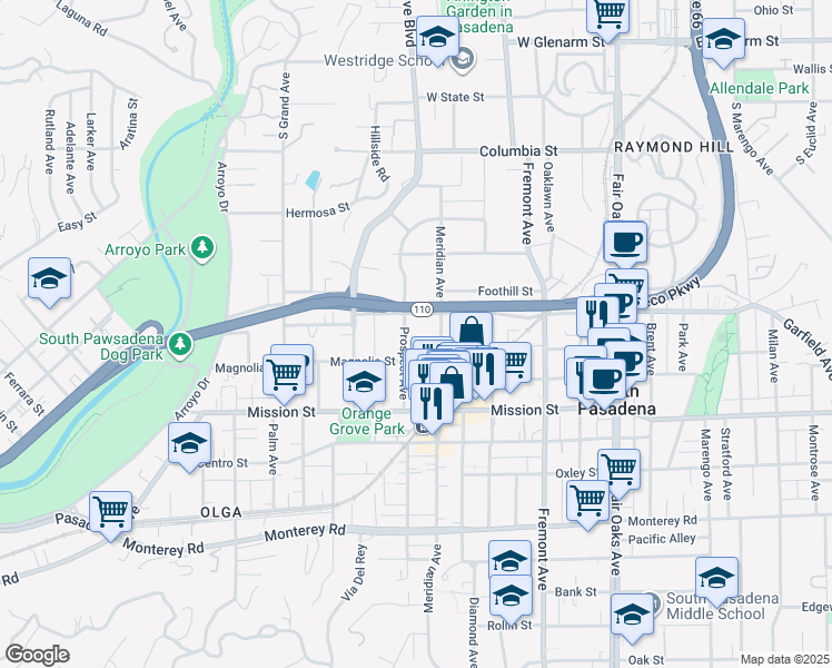 map of restaurants, bars, coffee shops, grocery stores, and more near 640 Prospect Avenue in South Pasadena