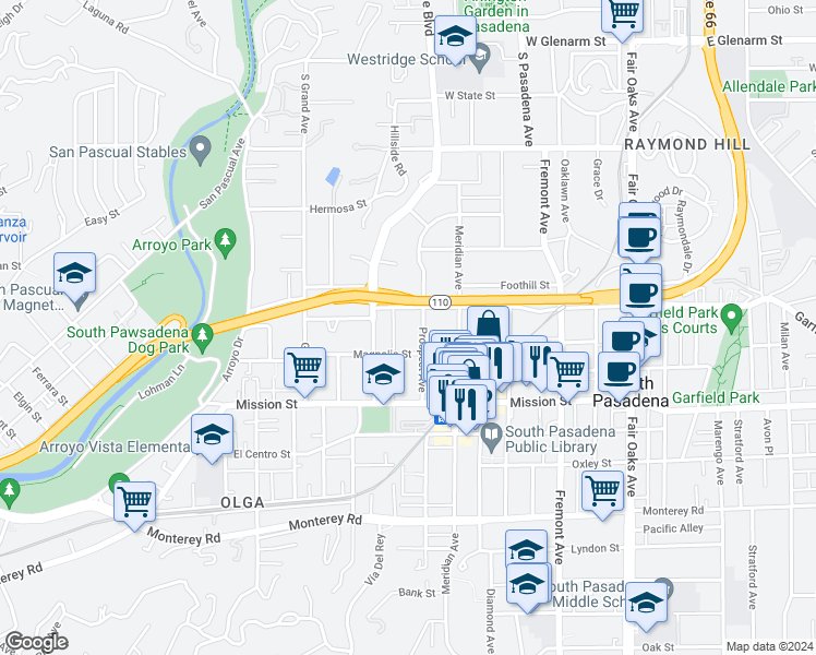 map of restaurants, bars, coffee shops, grocery stores, and more near 820 Magnolia Street in South Pasadena