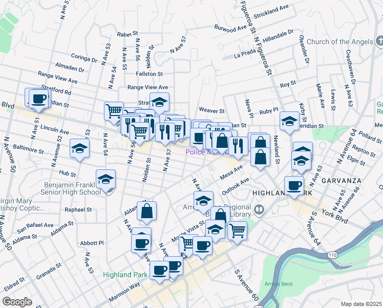 map of restaurants, bars, coffee shops, grocery stores, and more near 5800 Buchanan Street in Los Angeles