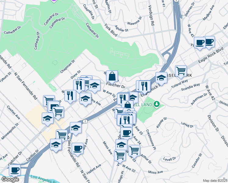 map of restaurants, bars, coffee shops, grocery stores, and more near 2952 1/2 West Avenue 35 in Los Angeles