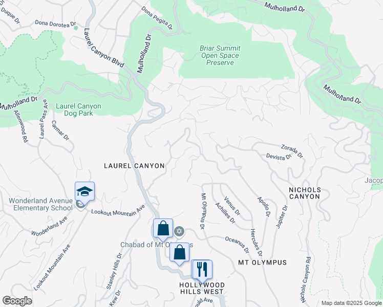 map of restaurants, bars, coffee shops, grocery stores, and more near 2557 Leicester Drive in Los Angeles