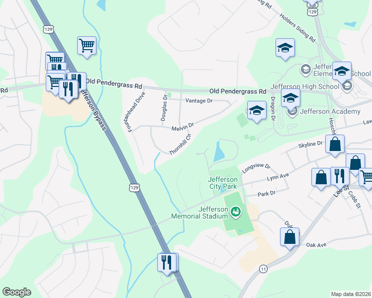 map of restaurants, bars, coffee shops, grocery stores, and more near 165 Thornhill Circle in Jefferson
