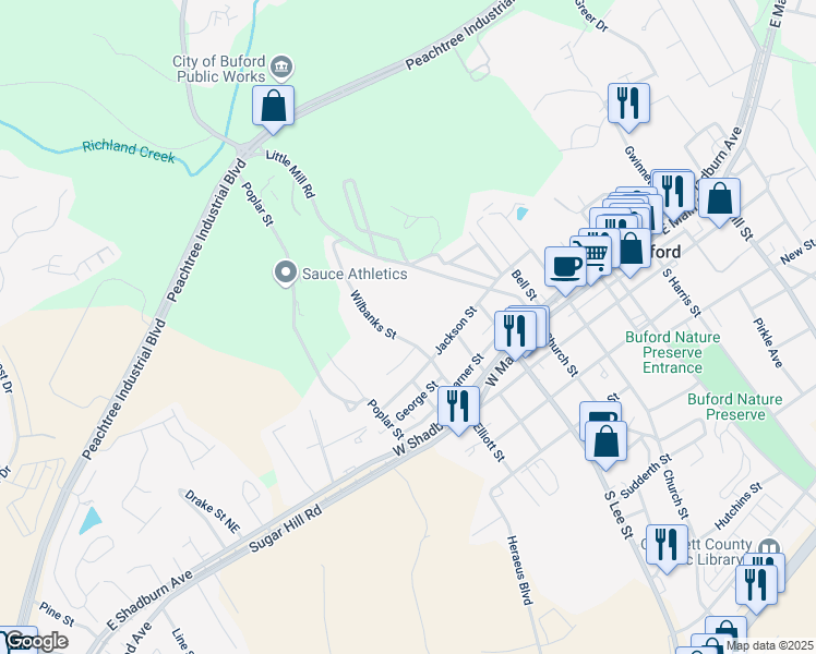 map of restaurants, bars, coffee shops, grocery stores, and more near 150 Wilbanks Street in Buford