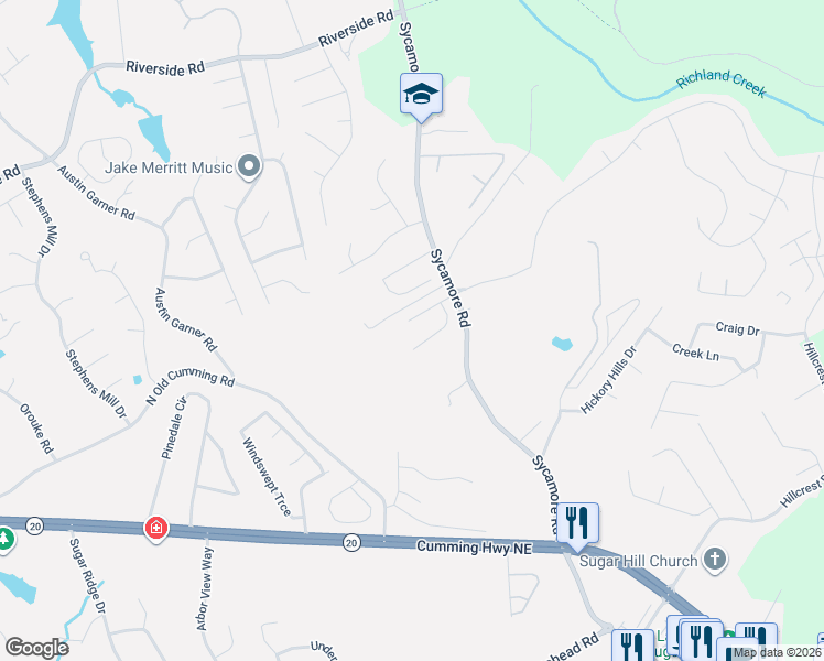 map of restaurants, bars, coffee shops, grocery stores, and more near 1059 Arbor Grove Way in Sugar Hill