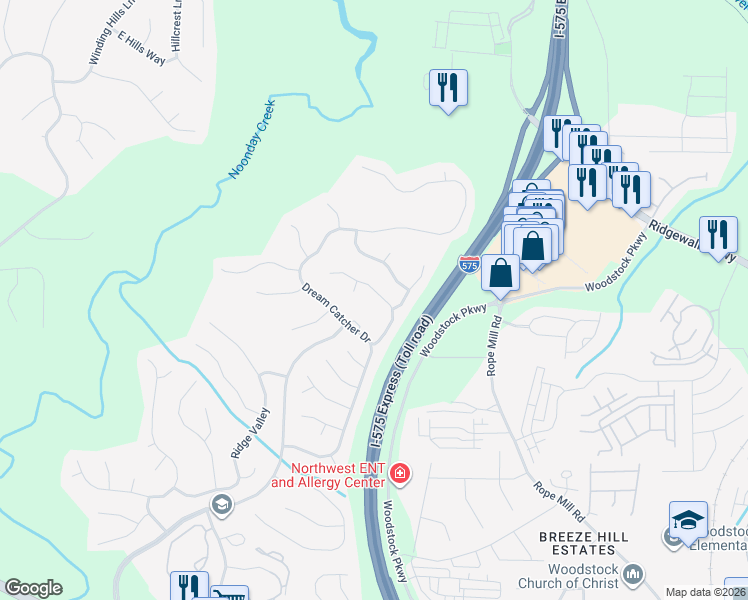 map of restaurants, bars, coffee shops, grocery stores, and more near 619 Overhill Drive in Woodstock