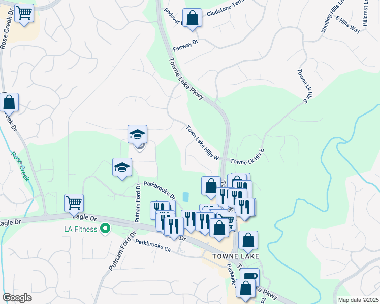 map of restaurants, bars, coffee shops, grocery stores, and more near 2009 Westside Lane in Woodstock