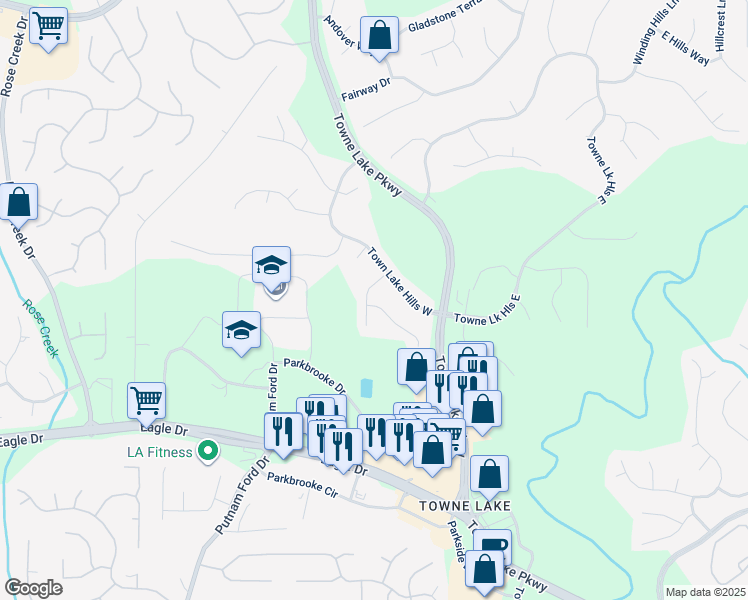 map of restaurants, bars, coffee shops, grocery stores, and more near 2009 Westside Lane in Woodstock