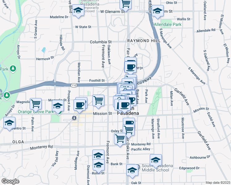 map of restaurants, bars, coffee shops, grocery stores, and more near 701 Mound Avenue in South Pasadena
