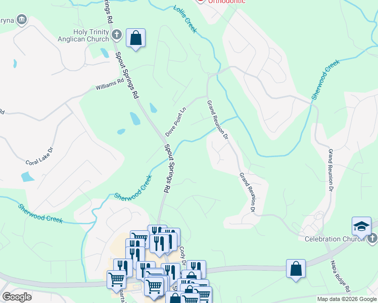 map of restaurants, bars, coffee shops, grocery stores, and more near 7249 Spout Springs Road in Flowery Branch