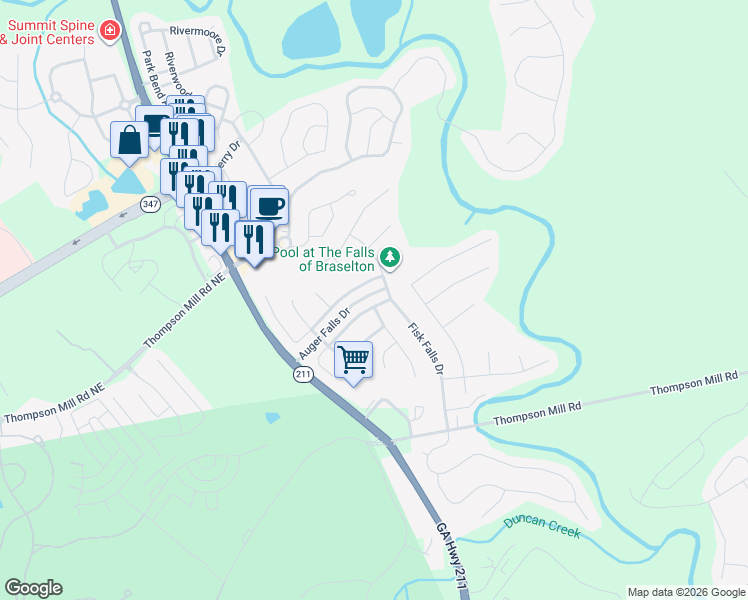 map of restaurants, bars, coffee shops, grocery stores, and more near 1401 Kilchis Falls Way in Braselton